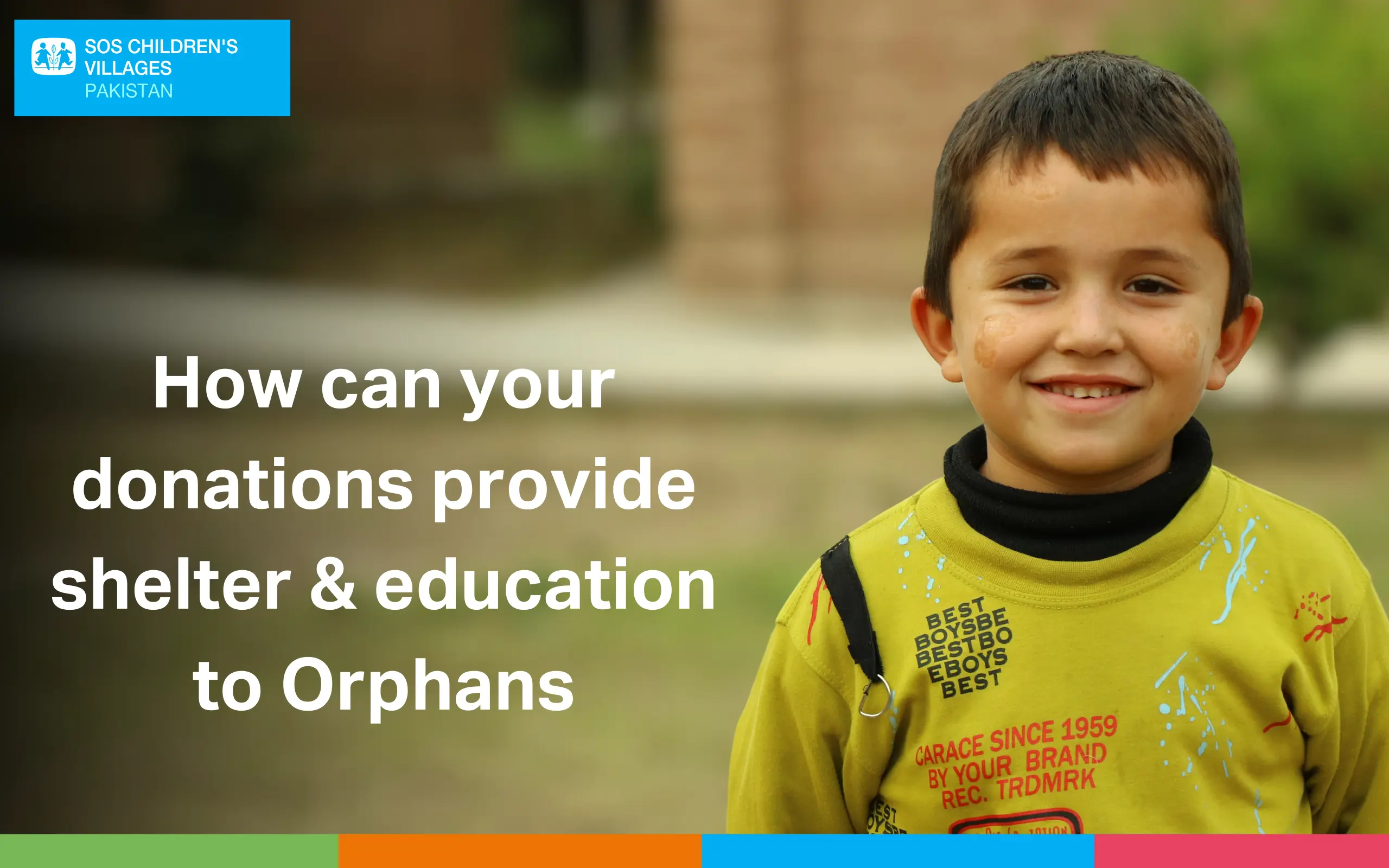 Three young girls smiling and laughing in front of a mural, with the text 'Where do I send orphan children in Pakistan?' and the SOS Children’s Villages Pakistan logo.