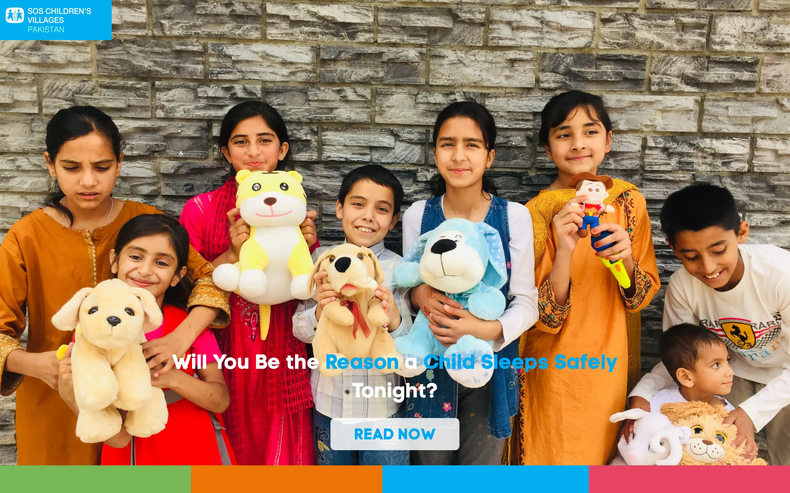 “Group of children holding stuffed toys and smiling together with message about helping a child sleep safely tonight.
