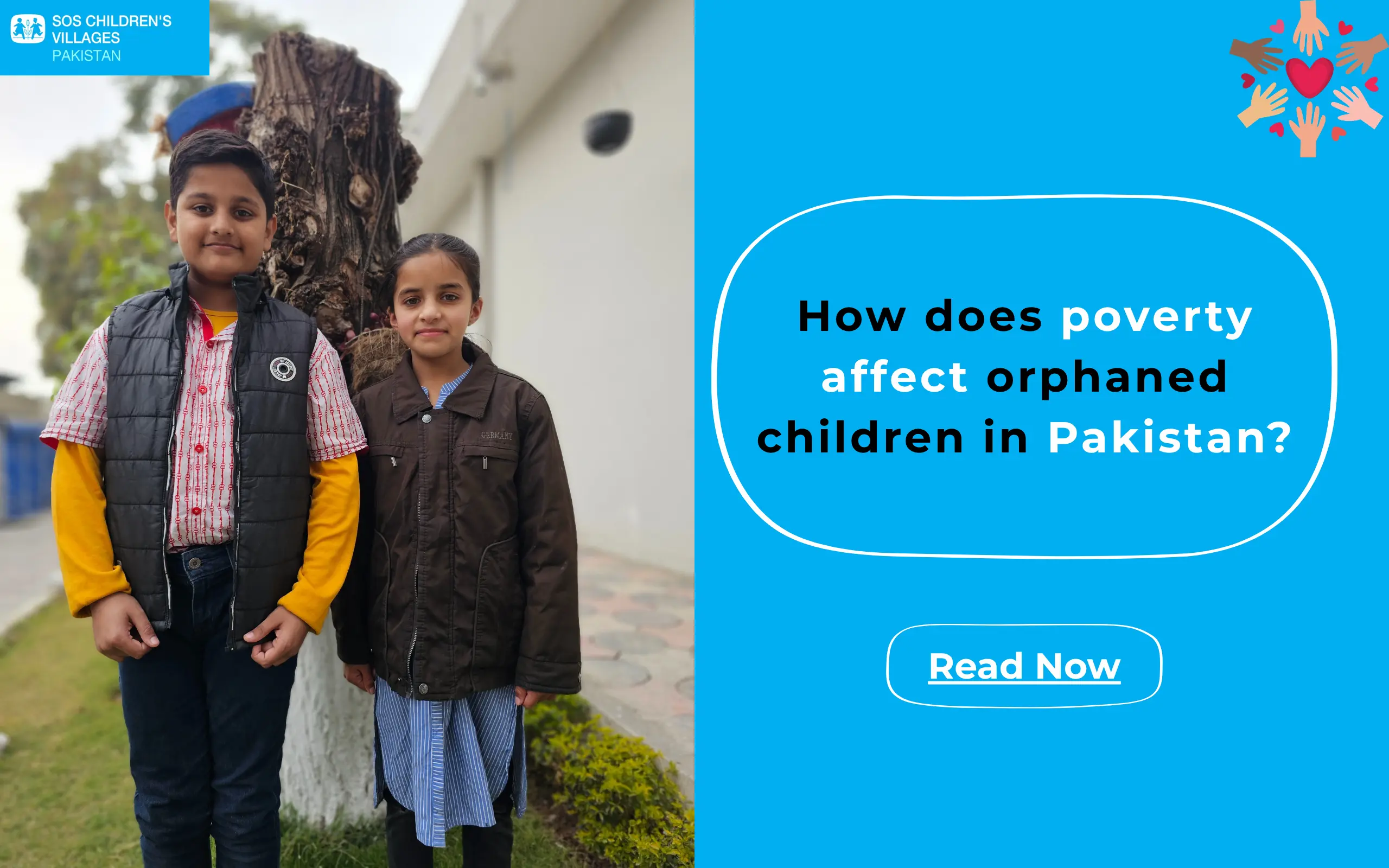 Two children standing outdoors next to a tree trunk, SOS Children's Villages Pakistan featuring two children and the title question: How does poverty affect orphaned children in Pakistan?