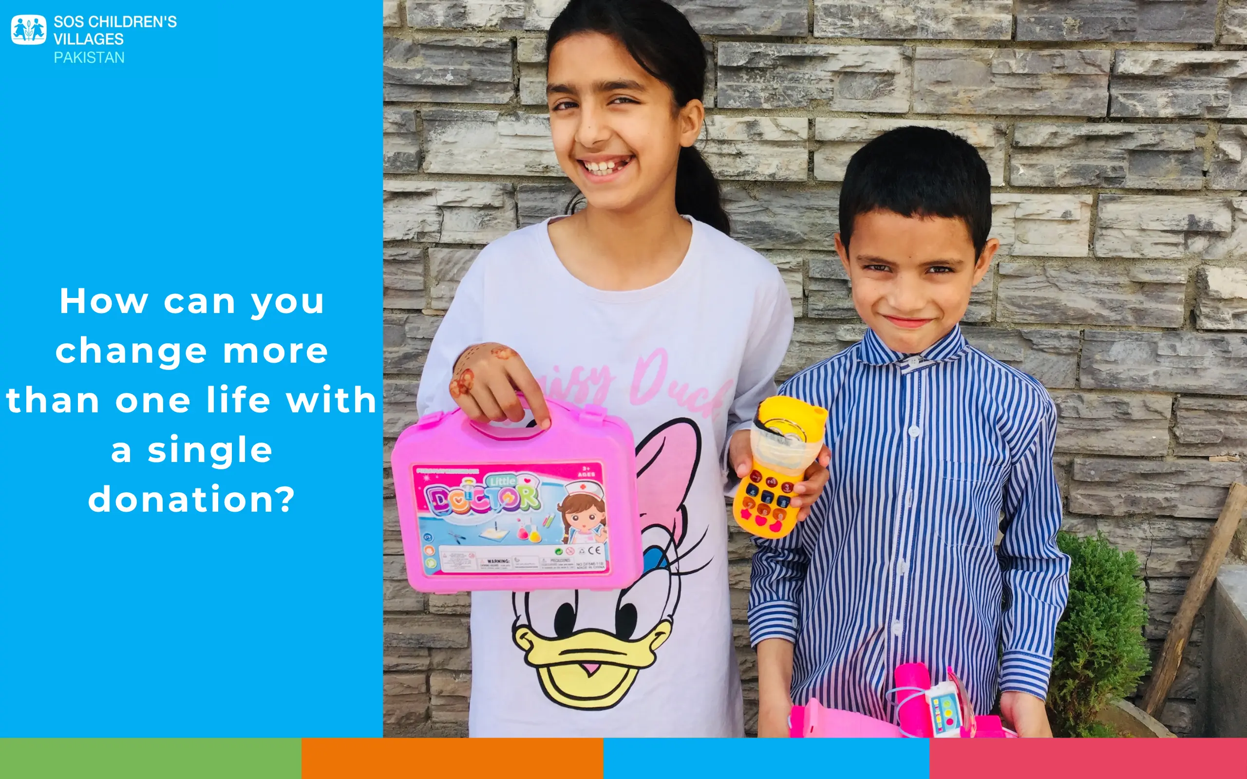 Promotional image for SOS Children's Villages Pakistan showing two children with toys, accompanied by the question, 'How can you change more than one life with a single donation?